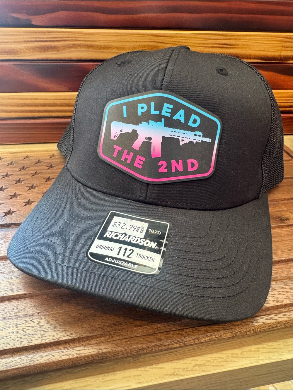 Richardson 112 Trucker Hat - Black with Pink/Teal Patch I Plead the 2nd